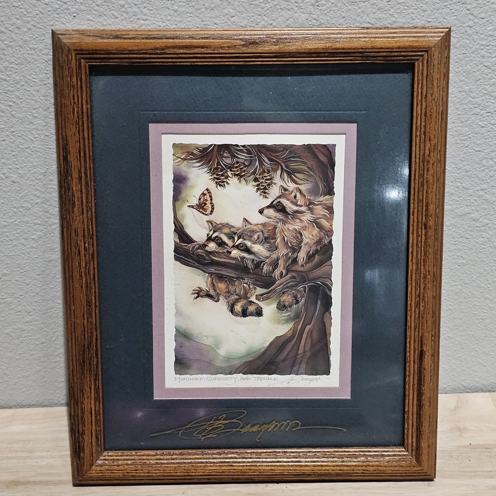 Jody Bergsma Signed Mischief, Curiosity And Trouble Framed Print Raccoons Forest